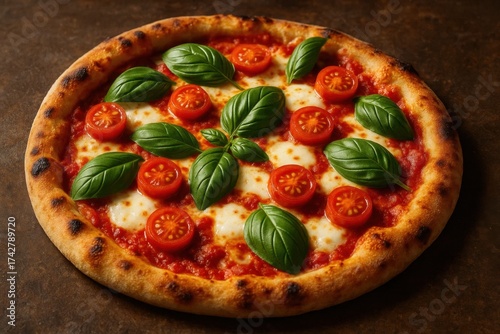Freshly Baked Margherita Pizza with Tomatoes and Basil on a Wooden Board