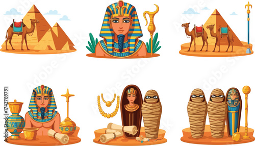 Ancient Egypt cartoon illustration set with pyramids, pharaoh, mummies, camels, artifacts, and scrolls on white background for vector design.