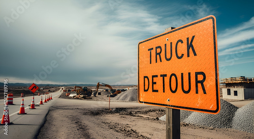 Truck Detour Sign Signals Road Construction Ahead On Asphalt Highway Under Cloudy Skies