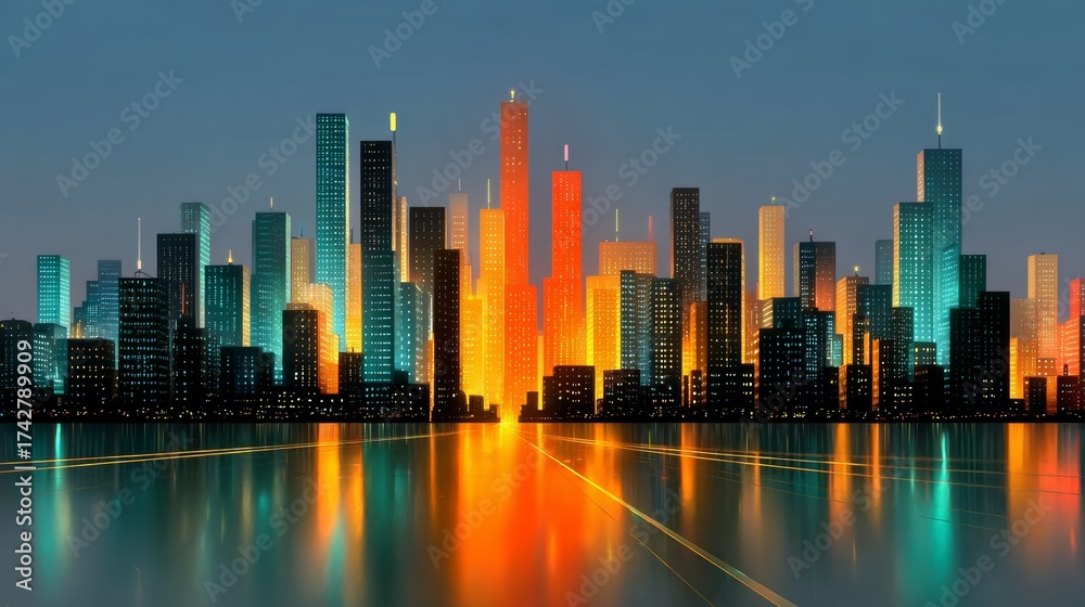 Obraz premium City skyline with a large body of water in the background. The city is lit up with neon lights, creating a vibrant and energetic atmosphere