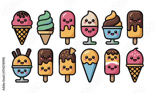 Kawaii Ice Cream & Popsicle Icons – Cute Dessert Vector illustration Set, easily editable.