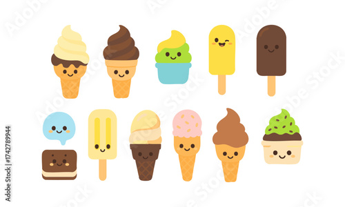 Kawaii Ice Cream & Popsicle Icons – Cute Dessert Vector illustration Set, easily editable.
