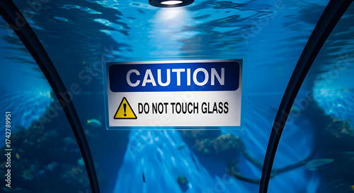Underwater Tunnel With A Caution Sign, Do Not Touch Protective Barrier Warning