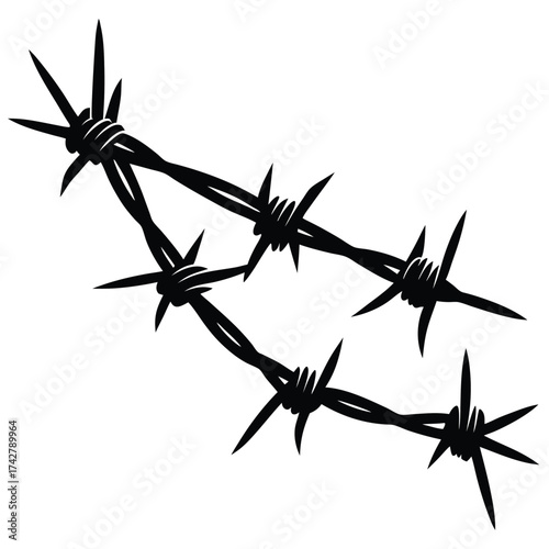 Two segments of barbed wire are tangled together against a bright white background