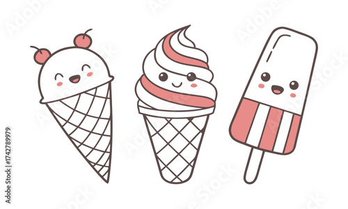 Kawaii Ice Cream & Popsicle Icons – Cute Dessert Vector illustration Set, easily editable.