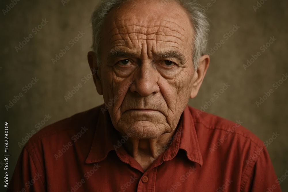 Obraz premium An elderly man stands resolute against a textured backdrop, his gaze reflecting years of wisdom and experience
