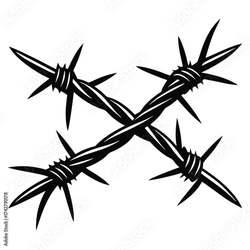 Two strands of barbed wire are twisted into an X on white