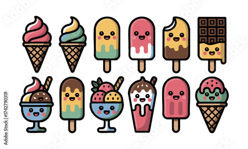 Kawaii Ice Cream & Popsicle Icons – Cute Dessert Vector illustration Set, easily editable.