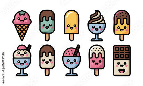 Kawaii Ice Cream & Popsicle Icons – Cute Dessert Vector illustration Set, easily editable.