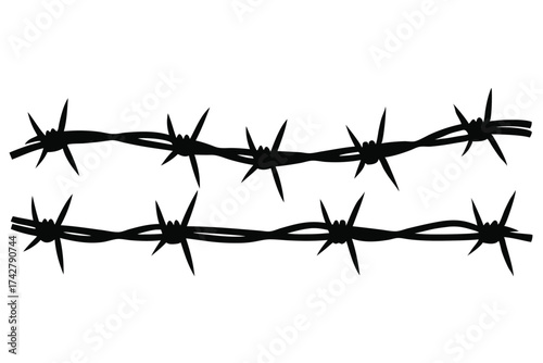 Two black barbed wire strands stretch horizontally, their sharp points creating a stark silhouette