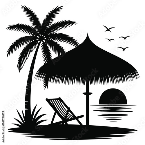Silhouette of tropical island beach scene with palm tree umbrella and deck chair vector