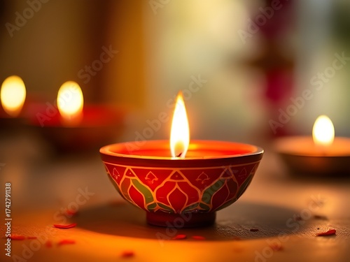 Lit Clay Diya with Red and Green Patterns
