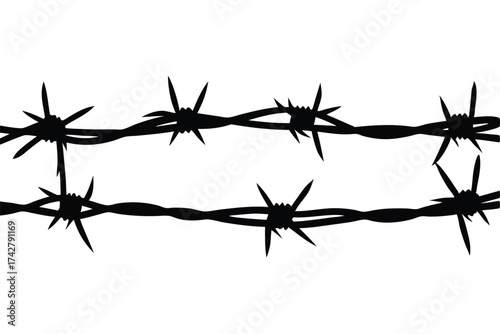 Two rows of black barbed wire horizontally stretch across a stark white isolated background