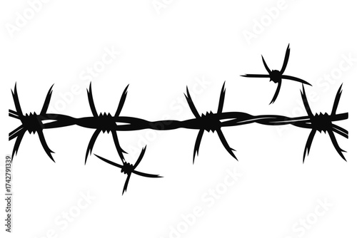Jagged barbs emerge sharply from a black barbed wire line crossing the frame