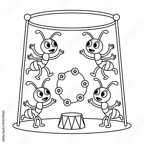 Scalable vector line art illustration of ants performing in a circus ring eps vector