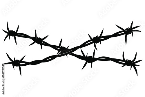 Two strands of barbed wire are crossed in black silhouette against white