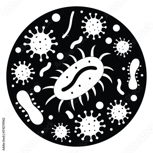 Various bacteria and viruses are contained in a round black background illustration