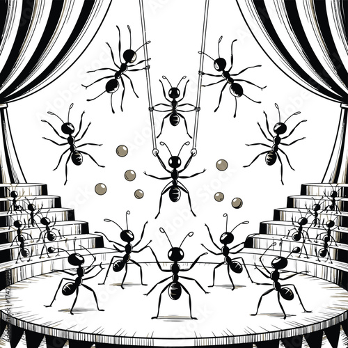 Striking black and white line art illustration of ants performing on a stage vector