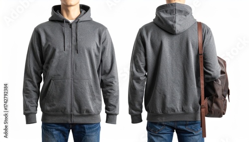 Gray Hoodie Mockup on Man Front and Back with Bag with White Background.