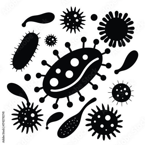 Various black germs and virus shapes float on a solid white background