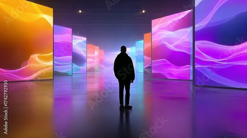 Man stands in front of a wall of colorful lights. The lights are arranged in a way that creates a sense of depth and movement. The man is looking at the lights