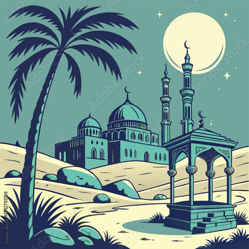 Stylized Islamic desert landscape with mosque and palm tree under a large moon vector