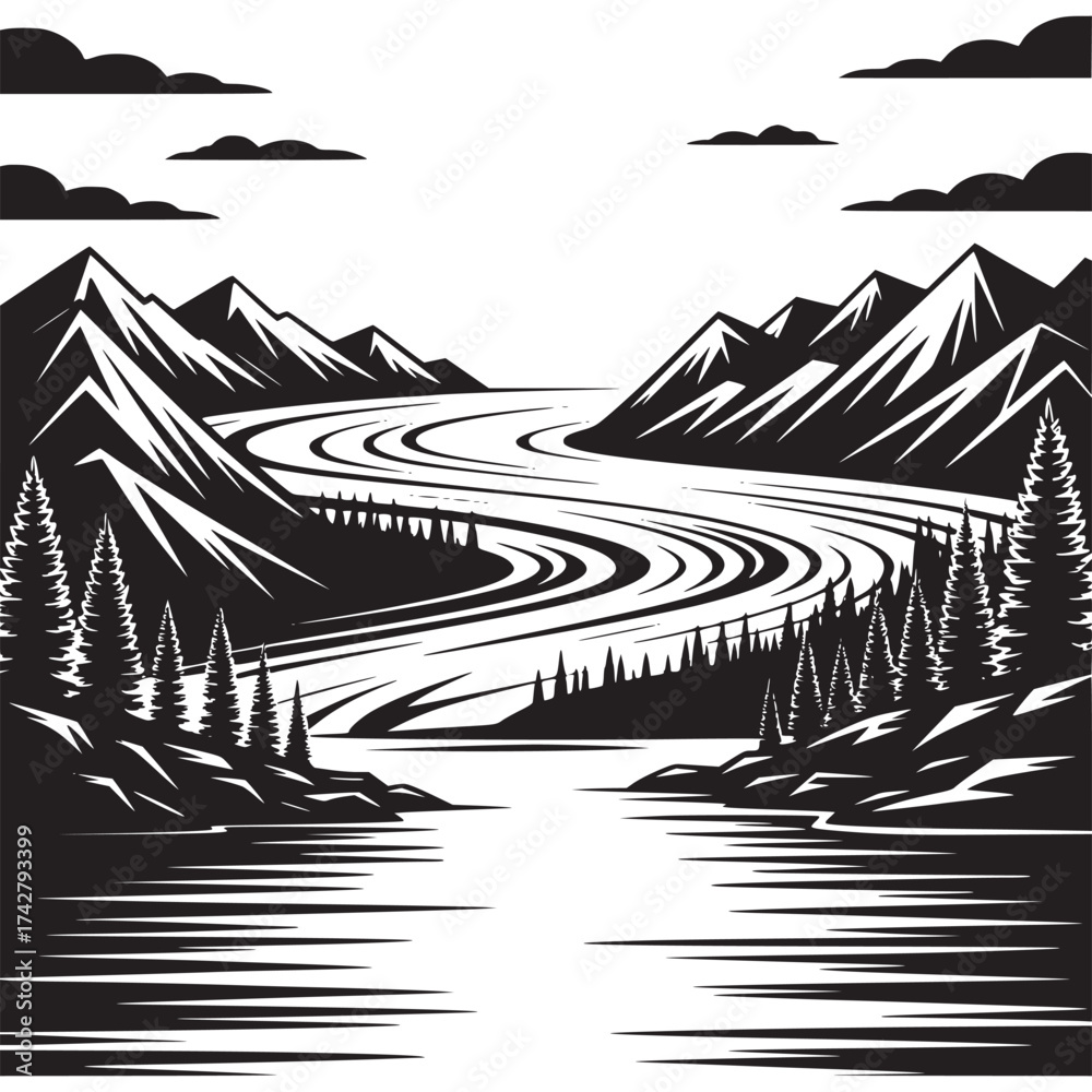 Fototapeta premium Vector art of stylized mountain river landscape with sun