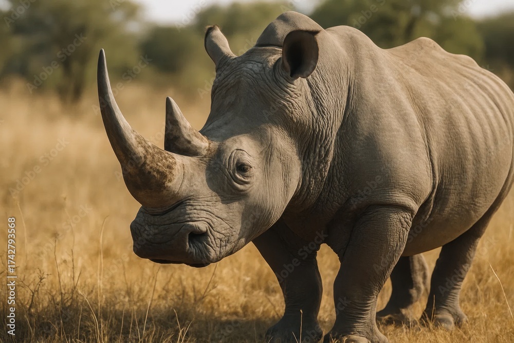 Fototapeta premium A lone rhinoceros stands majestically in a golden savanna, its horns reaching towards the sky