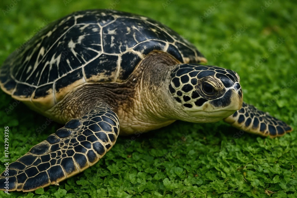 Obraz premium A turtle is resting on a green surface with its head turned slightly towards us