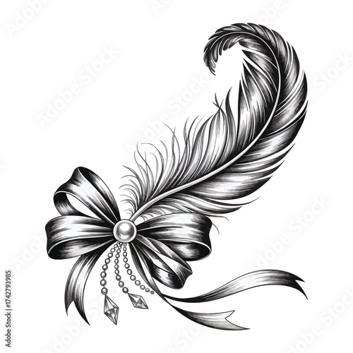 Elegant feather and bow detailed black and white vector illustration for declarative graphics vector