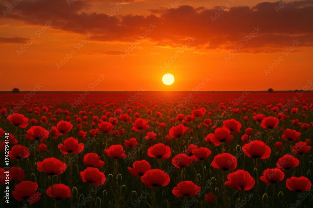 Fototapeta premium A Field of Red Poppies Under the Glowing Sun