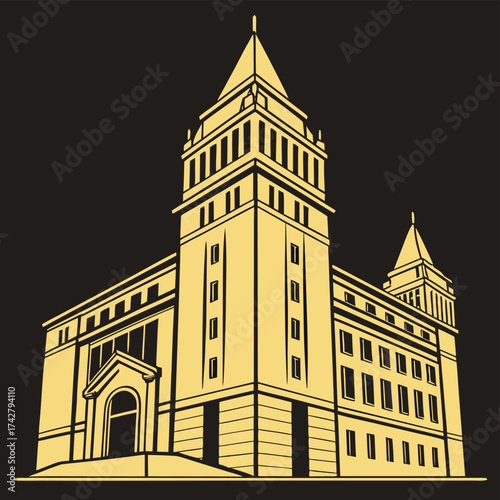 Minimalist Yellow and Black Illustration of a Grand Building with Towers and Arched Entrance architecture