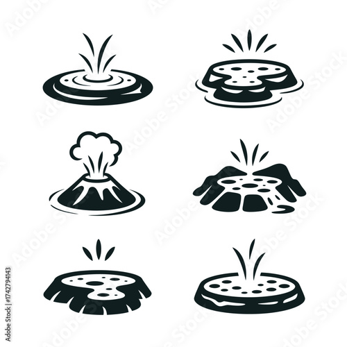 Set of six minimalist vector icons representing geysers and volcanoes for scalable graphic design vector