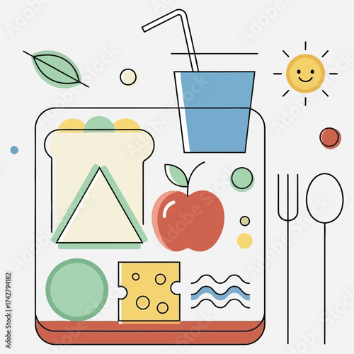 Healthy Lunch Tray Illustration with Sandwich, Apple, Cheese, and Drink - Line Art