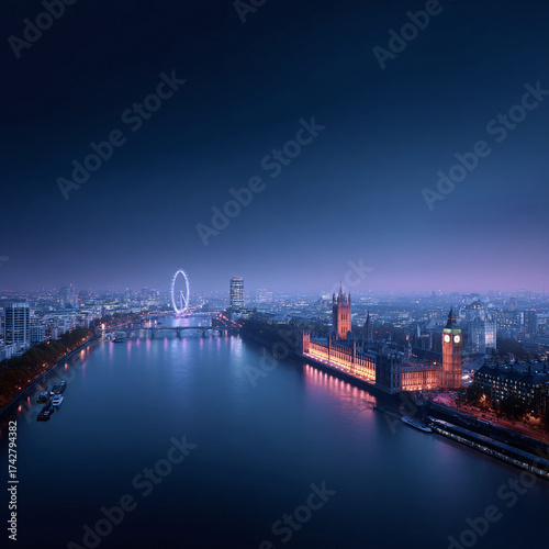 Striking aerial view of London at twilight. The city skyline glows along the river, with the Houses of Parliament and a ferris wheel prominent. Use for travel, finance, or urban themes.