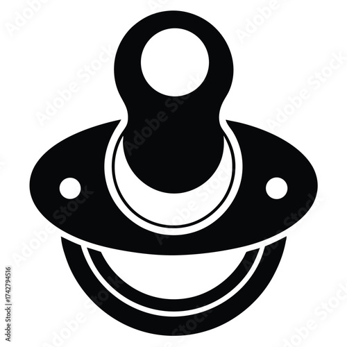 Simple black pacifier icon with round handle and mouth shield for infant soothing