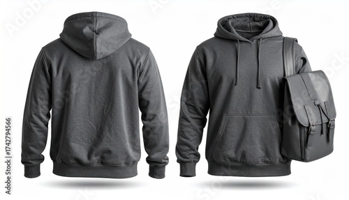 Blank Gray Hoodie Mockup with Front and Back, and with Bag on White.