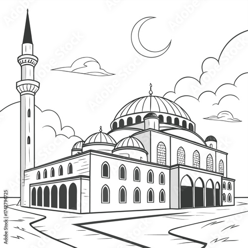 Black and white line drawing of a mosque with minaret and domes under a crescent moon and clouds Islamic architecture