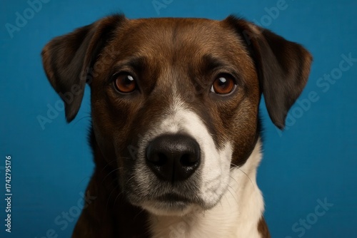 A brown and white dog gazes directly into the camera with a serene expression against a blue backdrop