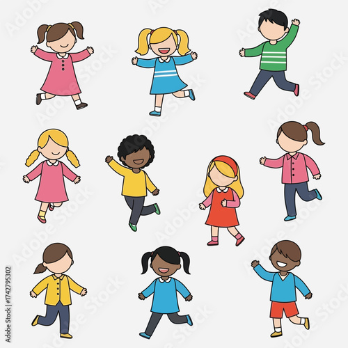 Cheerful cartoon children in various outfits, celebrating fun, running and jumping with delight