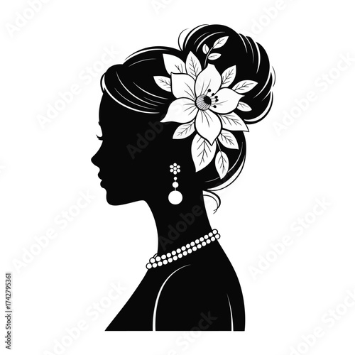 Elegant silhouette vector illustration of a woman's profile with flower and jewelry scalable eps vector