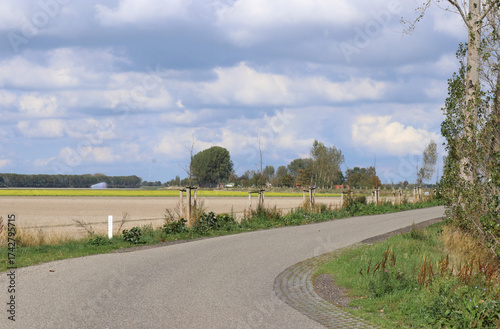 a beautiful rural landscape in the dutch countryside with colorful fields in autumn and a blue sky with clouds