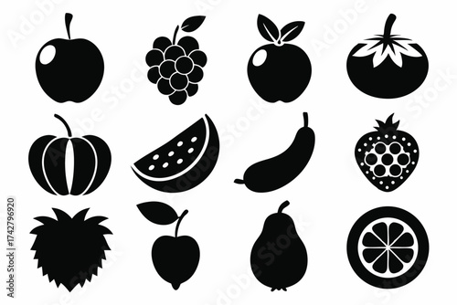 Black silhouettes exhibit a variety of fruits including apples, grapes, watermelon, and strawberry