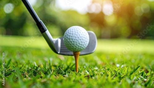 Golf ball on tee being hit by club on a green golf course.
