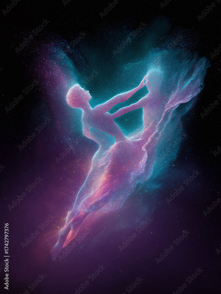 Fototapeta premium Ethereal image of two figures dancing in space, rendered in cosmic dust. Evokes connection, love, and dreams. Perfect for book covers or conceptual designs.