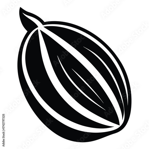 Black cardamom pod shows stripes in a simple monochrome minimal graphic
