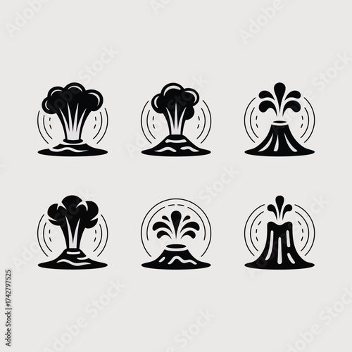 Six minimalist vector icons depicting volcanic eruptions and explosions scalable eps format vector