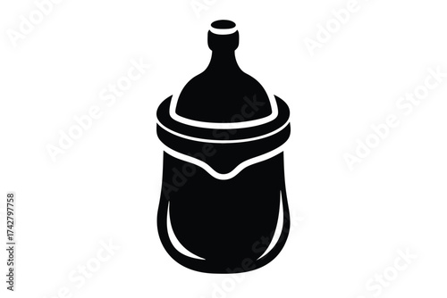 Isolated black contour shows a baby bottle with cap ready for feeding time