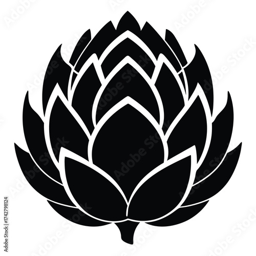 Stylized black hops flower stands out against a white background with symmetrical petals