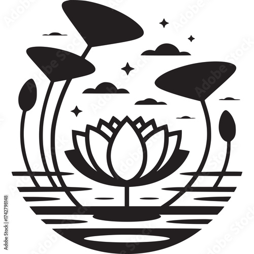 Vector art of stylized lotus flower and water illustration